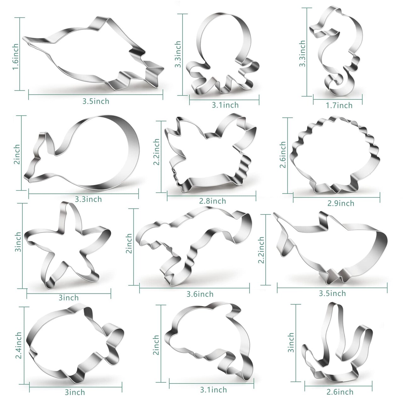 12 Pieces Ocean Creatures Cookie Cutters Set, ISZW Stainless Steel Marine Species Shapes Baking Mold for Kids Baking, Metal Cookie Sandwich Biscuit Cutter Molds for Kids Birthday Party DIY Cake Decoration